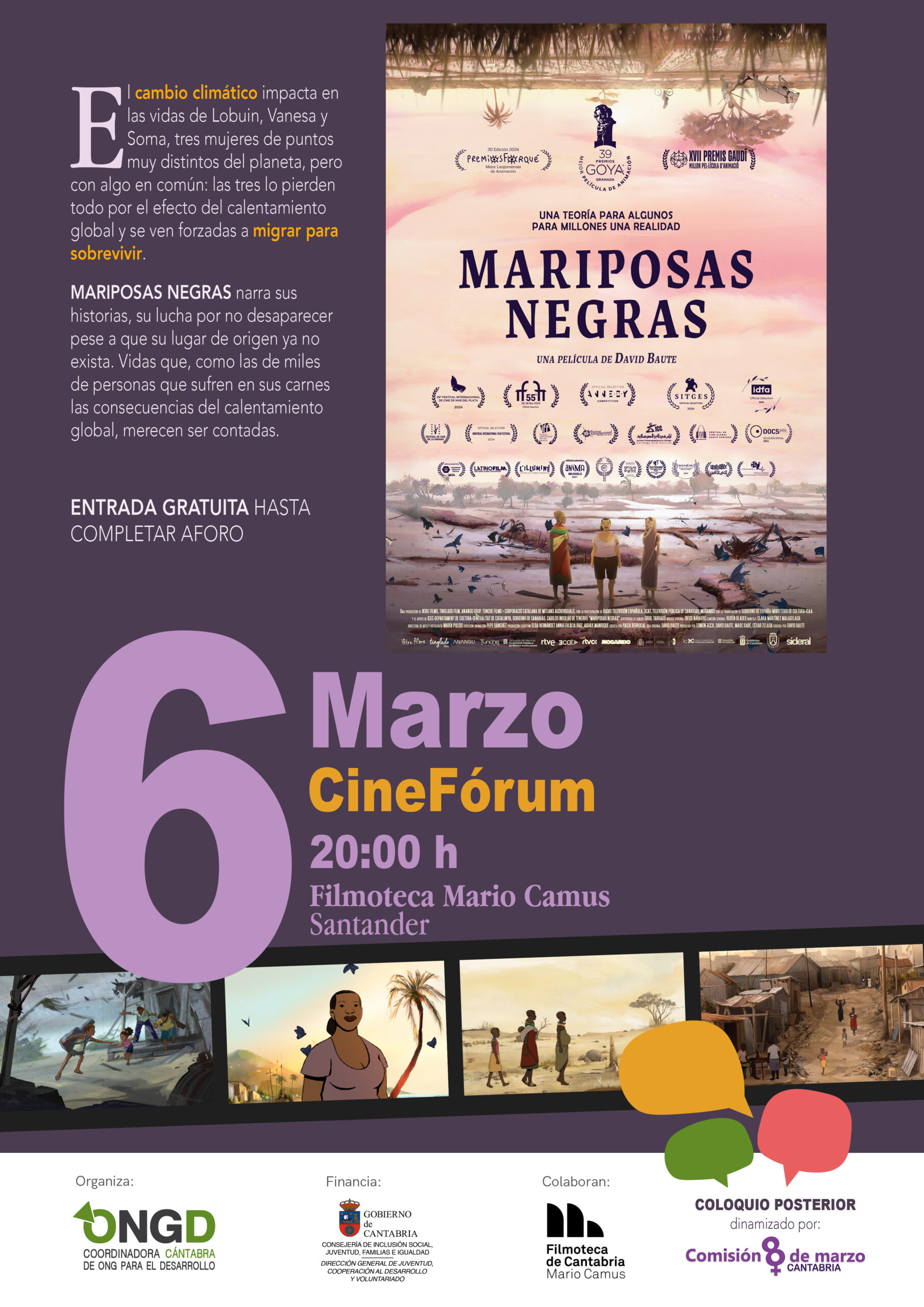 LA COORDINADORA CÁNTABRA CONMEMORA EL 8M CON UN CINEFÓRUM DE «MARIPOSAS NEGRAS» (PREMIO GOYA)